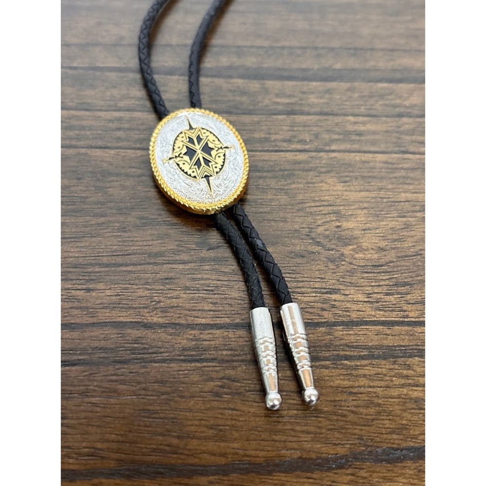 Ivan Western Bolo Tie Gold Silver Two Tone Black Enamel Maltese Cross Oval Slide